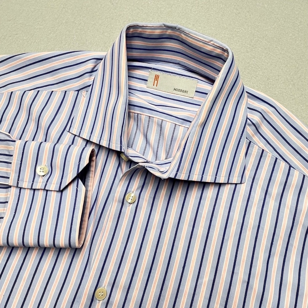 Missoni Mens‎ Striped Button Down Shirt Blue Peach White Cotton Italy 16.5 42 L